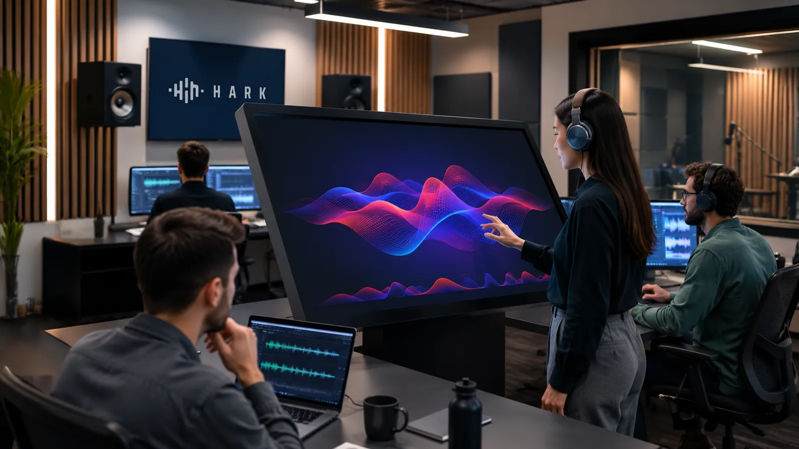 Audio engineers working in a Hark studio, one of them touching a large screen that shows a colourful sound wave